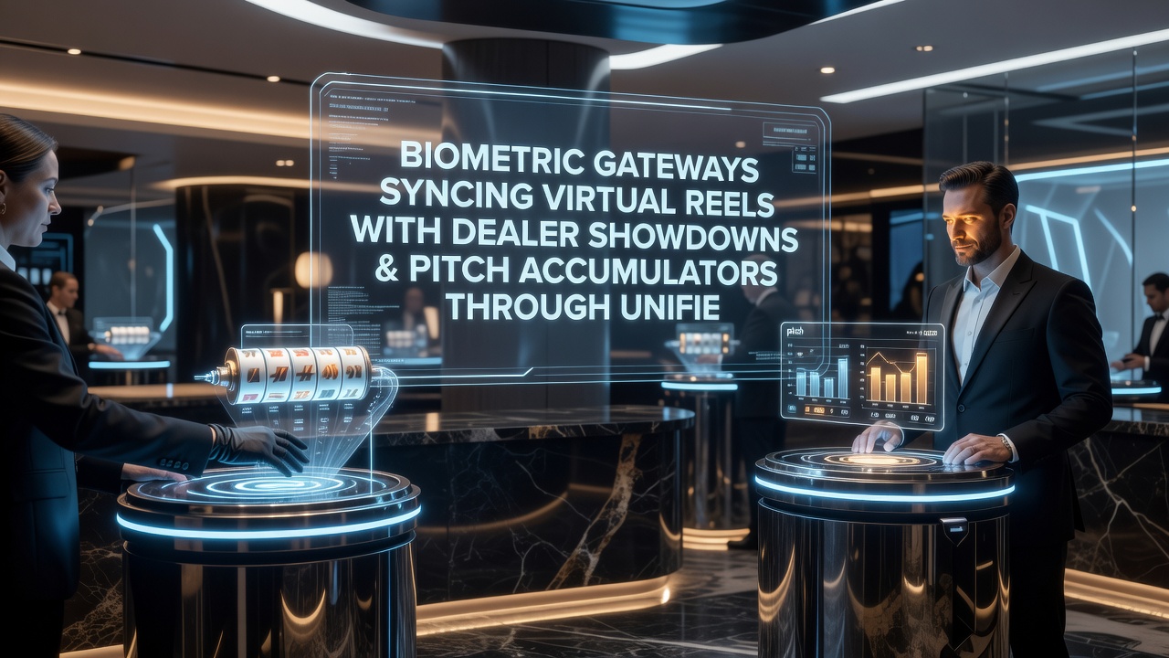 Integrated casino floor showing biometric kiosks linking slot areas, live dealer pits, and sports betting zones