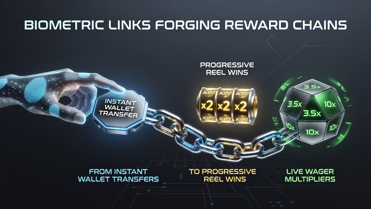 Biometric authentication interface connecting digital wallet transfers to casino reward systems on a mobile device