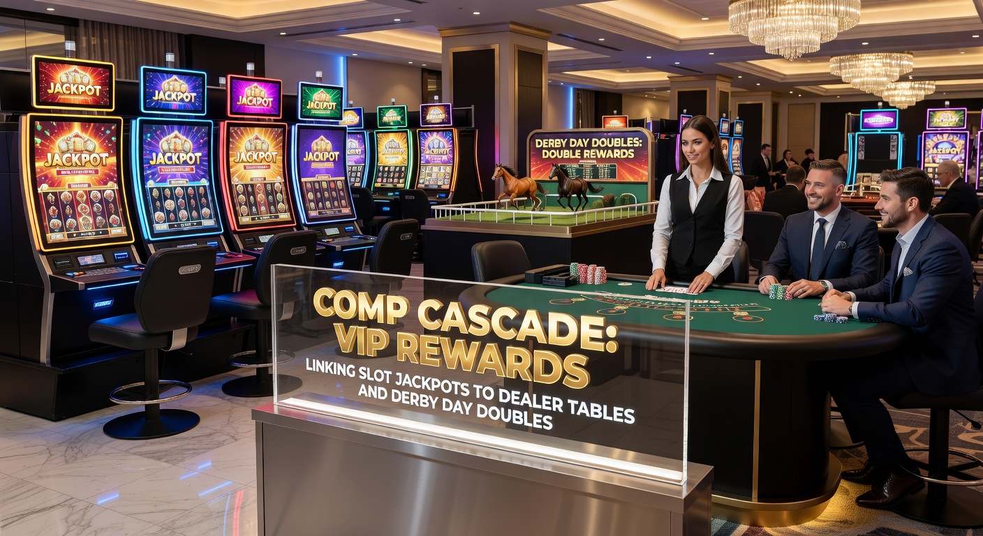 VIP lounge scene with Derby Day promotions doubling rewards on slot jackpots cascading to bustling dealer tables