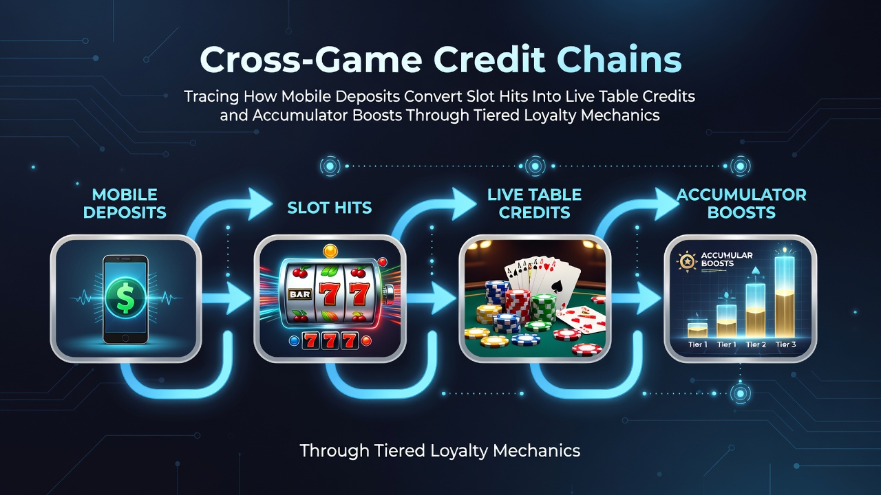 Diagram showing mobile deposit flow into slot machines converting to live table credits and accumulator boosts