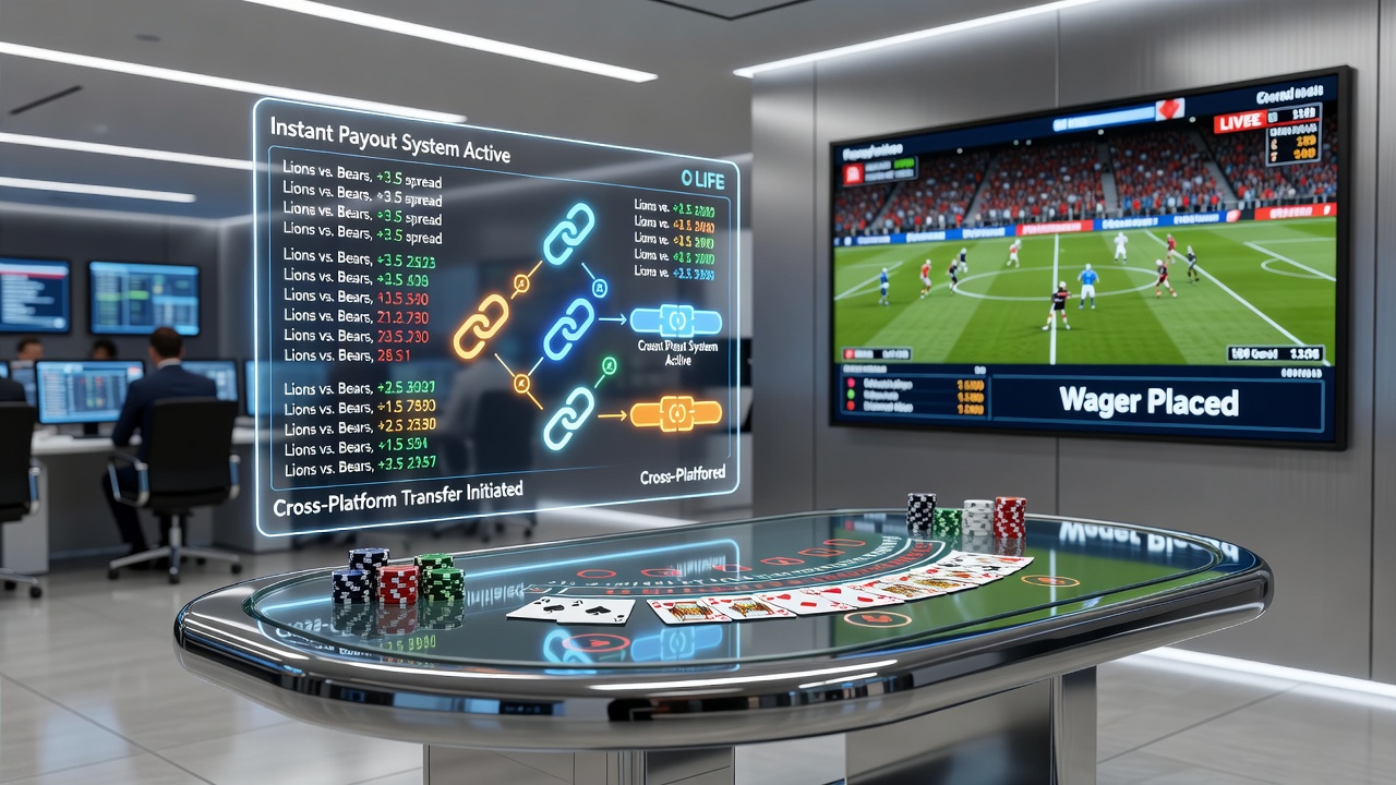 Illustration of mobile interface displaying instant credit transfer from blackjack win to football wager