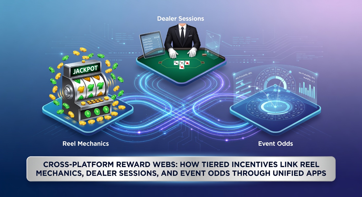 Mobile app interface showing interconnected reward points flowing between slot reels, dealer tables, and sports event odds