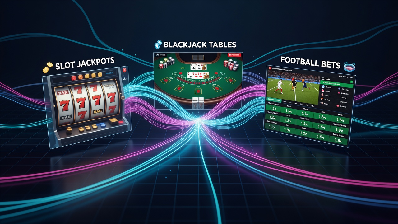 Screenshot of a mobile interface showing unified reward progress across slots, blackjack, and football bets