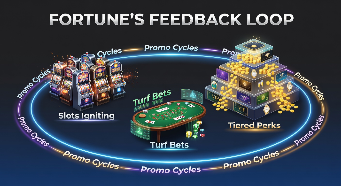 Vibrant slot machine jackpot lights up a casino floor, with glowing paths leading toward live dealer tables and a racetrack betting window in the background, symbolizing the promotional feedback loop