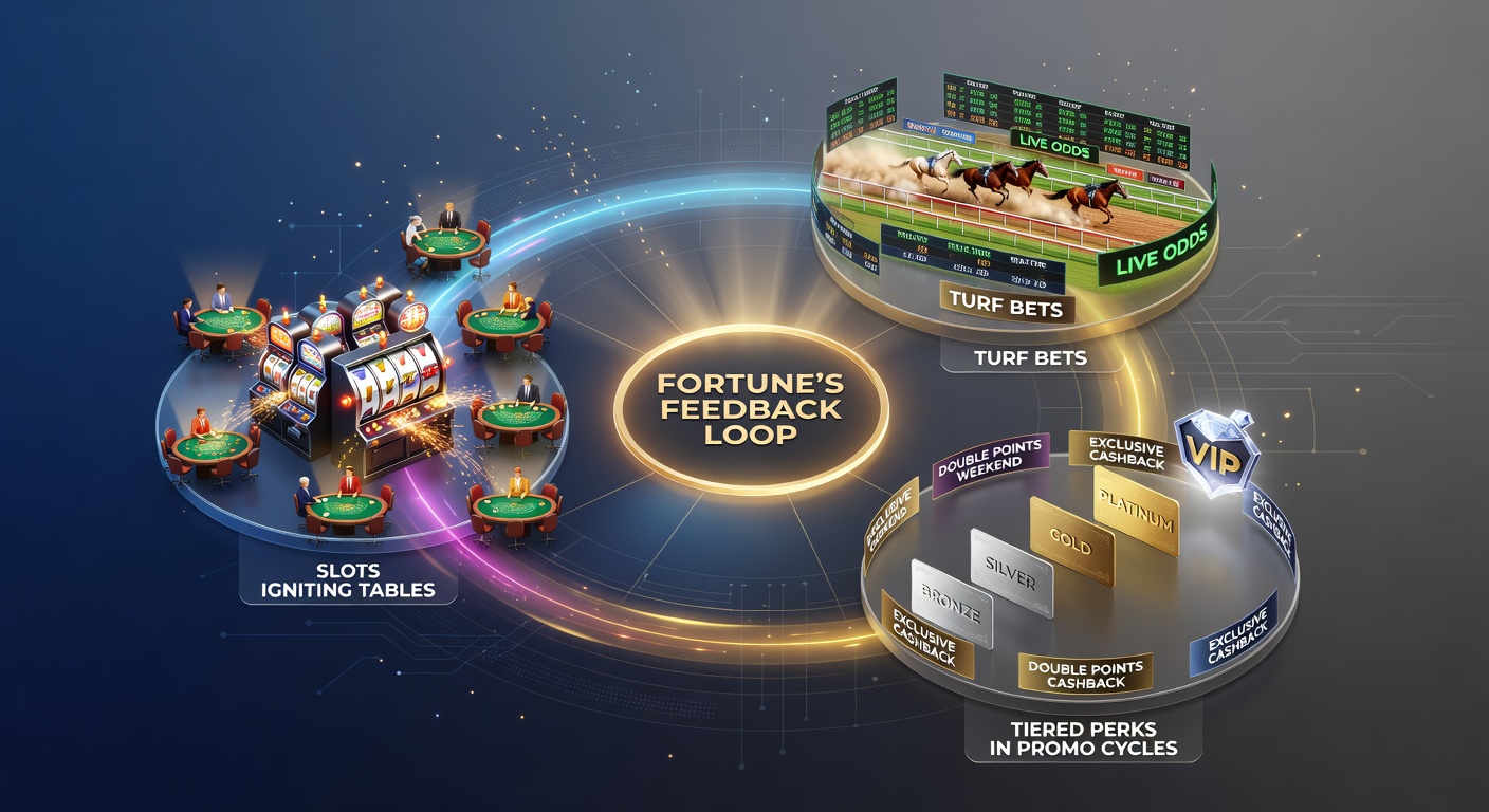 Dynamic scene of a horse racing turf bet slip being placed alongside casino table chips and slot payout tickets, illustrating the interconnected promotional rewards cycle