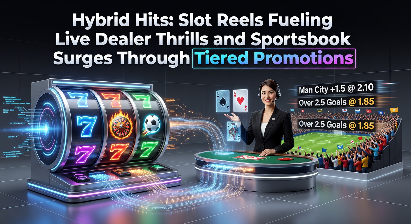 Vibrant slot reels spinning alongside live dealer tables and sportsbook odds displays, illustrating interconnected gaming promotions