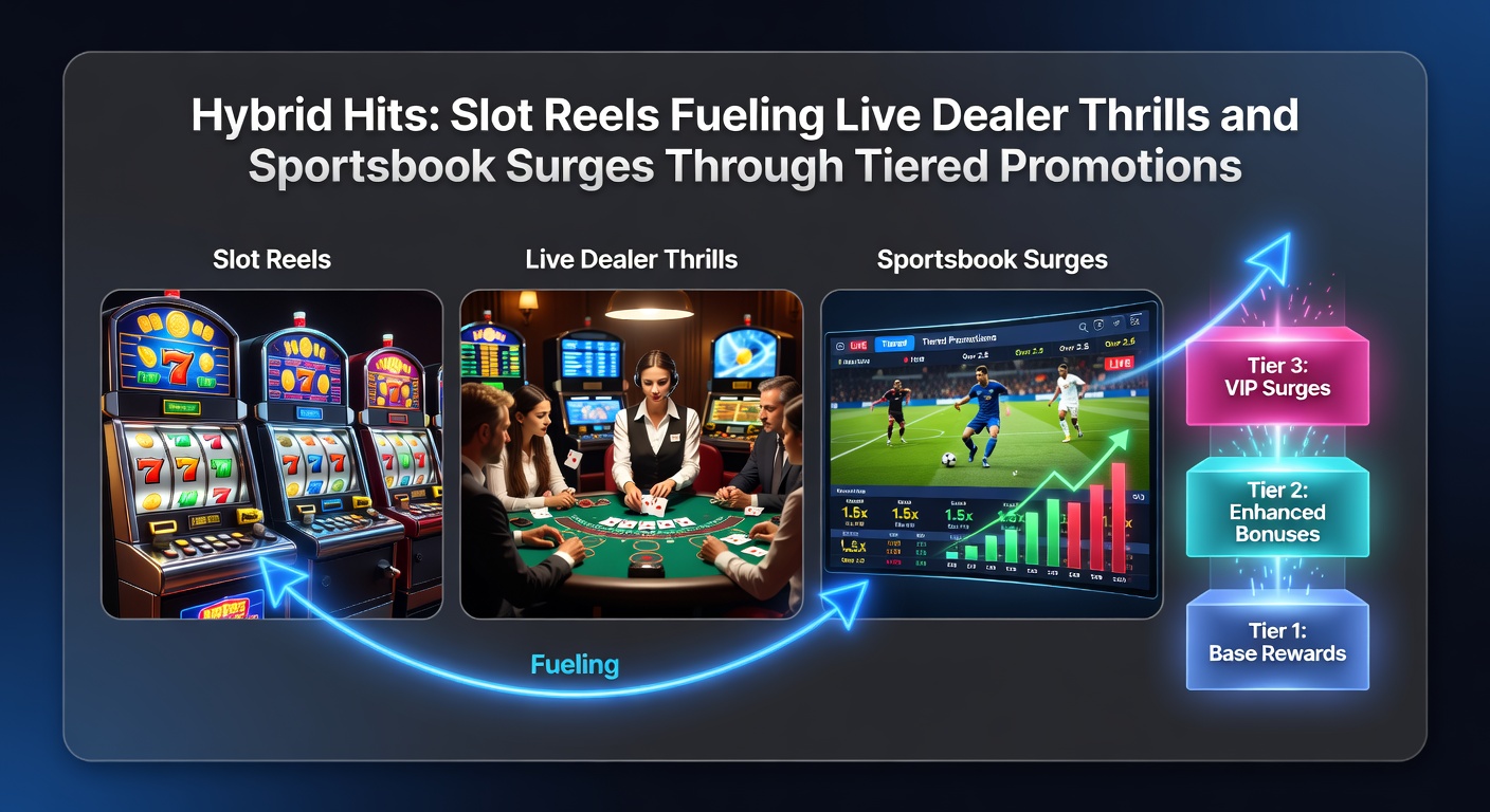 Dynamic graphic of tiered loyalty pyramid connecting slot wins to live casino tables and surging sportsbook lines, with promotional icons cascading downward