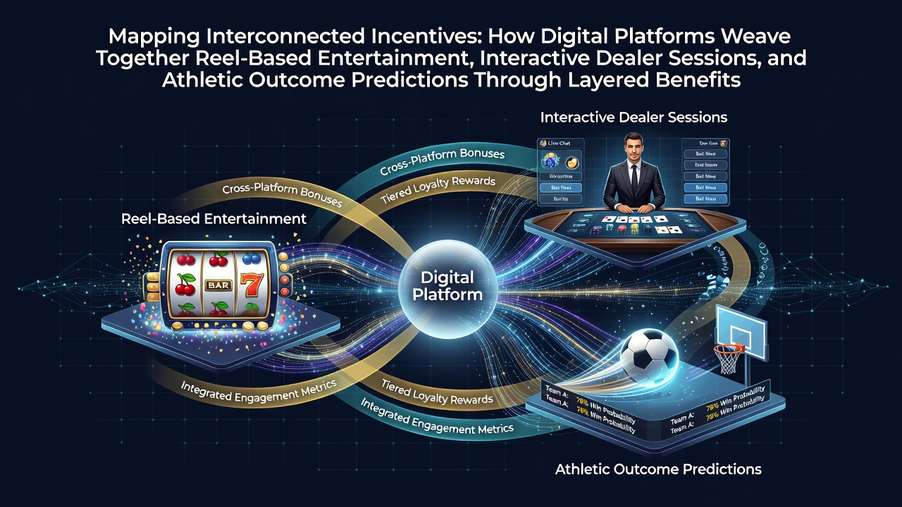 Digital platform interface showing interconnected slot reels, live dealer tables, and sports prediction sections with layered reward indicators