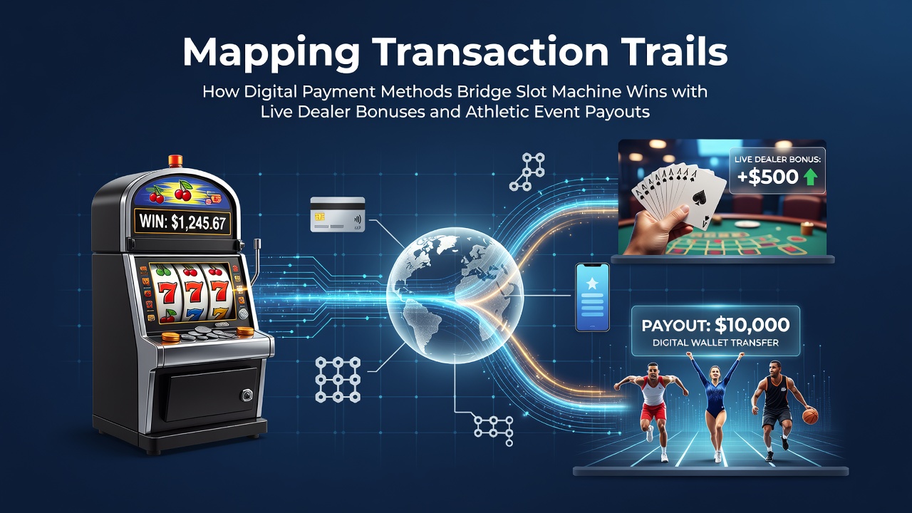 Illustration of digital payment flows connecting slot machines, live dealer tables, and sports betting platforms