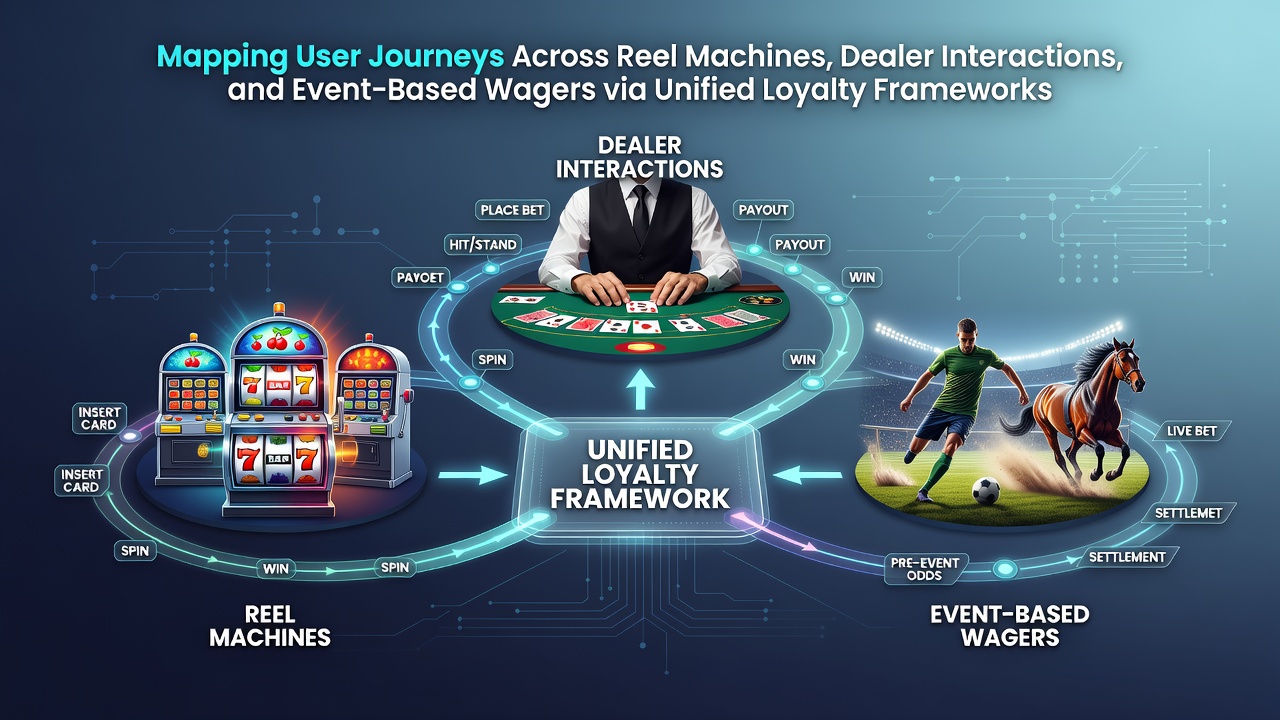 Diagram showing integrated loyalty tracking from slot reels to live dealer tables and sports event wagers