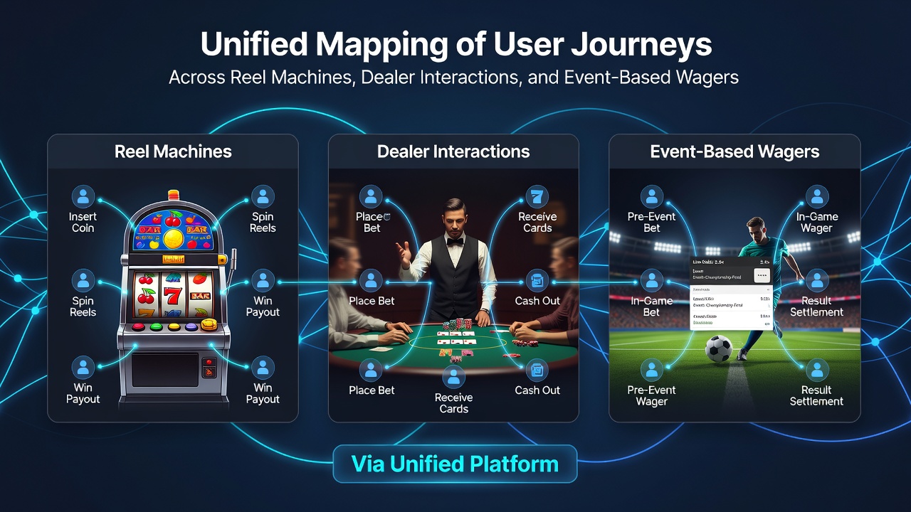 Player journey flowchart connecting reel machines, dealer tables, and sports wagers through loyalty points