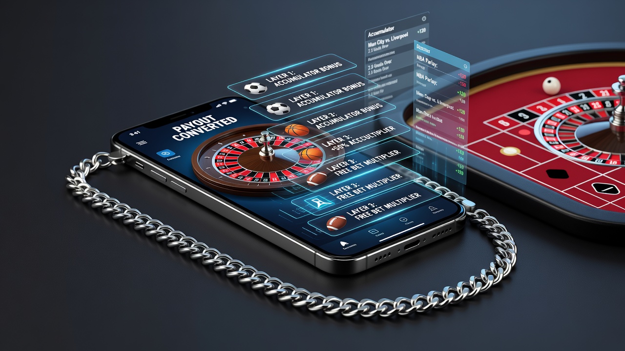 Mobile wallet interface displaying roulette payout transfer into sports accumulator bonus layers