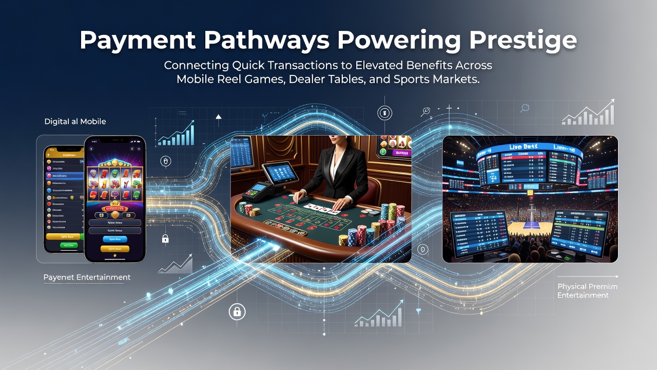 Payment pathways illustration showing mobile transactions linking slots, live tables, and sports betting platforms