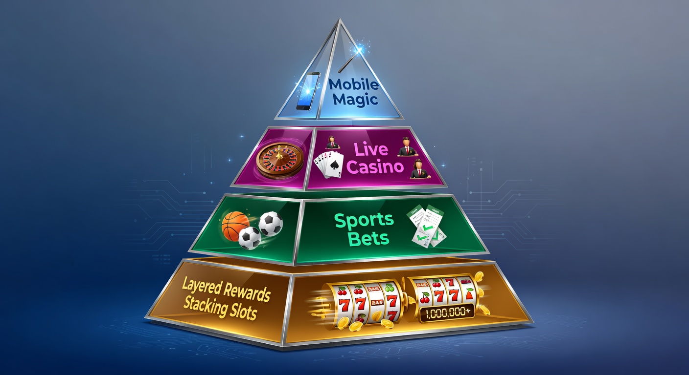 Visual representation of a pyramid structure showing layered rewards stacking across slots, live casino tables, sports betting slips, and mobile app icons glowing with bonus multipliers