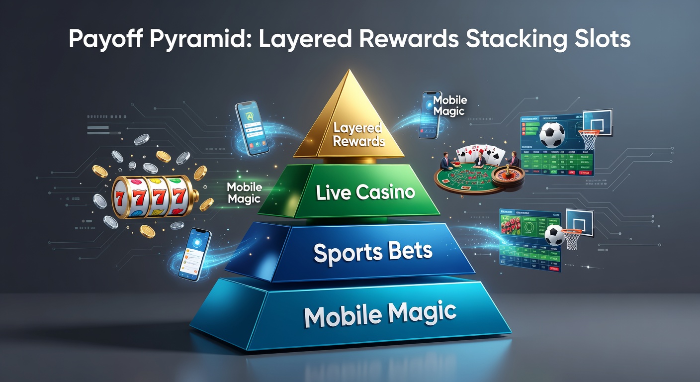 Infographic depicting reward layers stacking from slot reels at the bottom, rising through live dealer chips, sports betting tickets, and topping out with mobile-exclusive jackpots and lightning-fast withdrawals