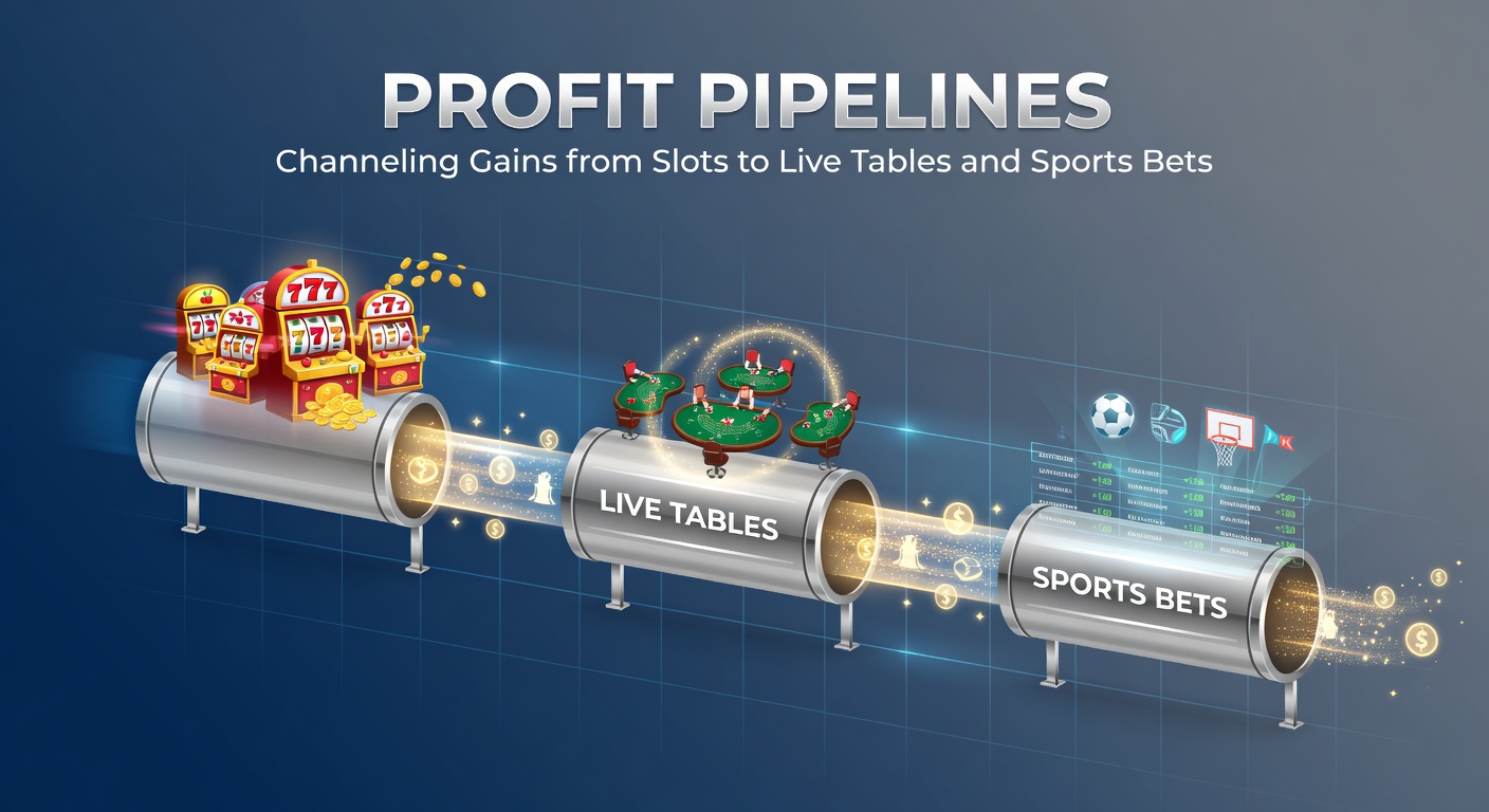 Vibrant casino floor showing slot machines transitioning to live blackjack tables and sports betting screens, illustrating seamless profit flows