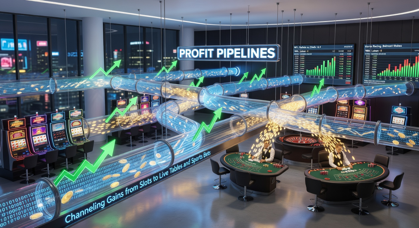 Digital dashboard displaying slot win conversion to live roulette chips and overlaid sports betting slips, highlighting integrated profit channeling