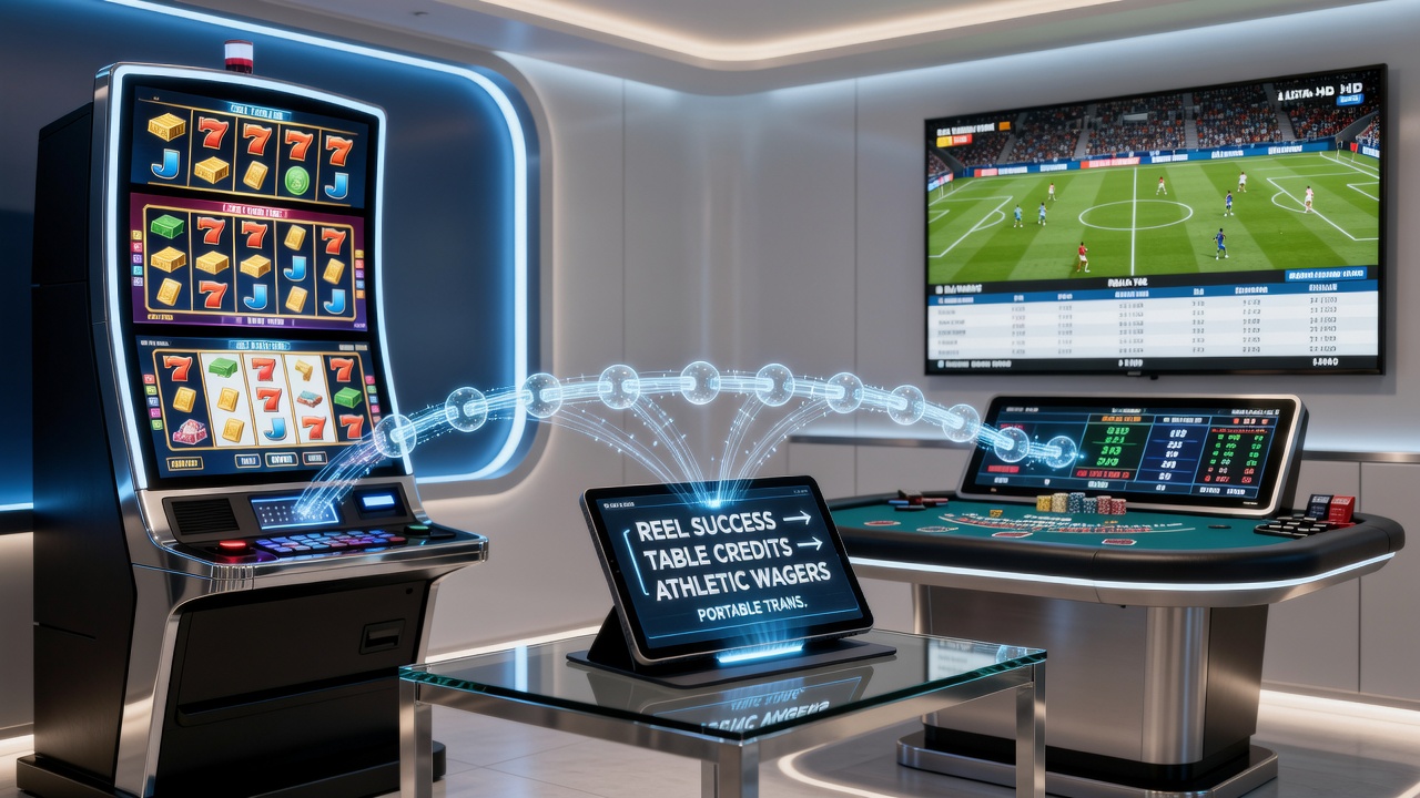 Mobile screen capture illustrating credit transfers from slot wins to live table games and sports wagers