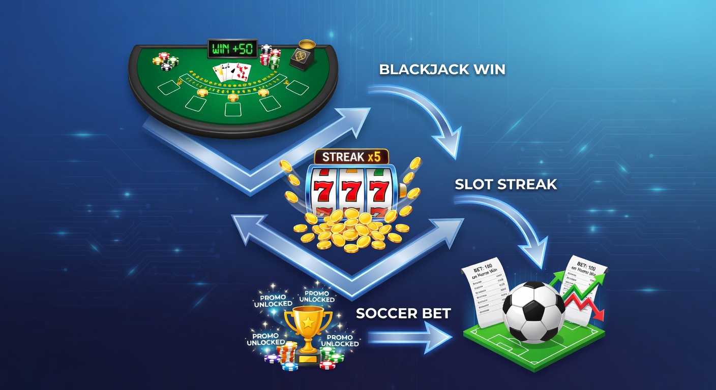 Digital graphic showing cascading promotions connecting blackjack tables, spinning slot reels, and soccer match highlights in a unified gaming flow