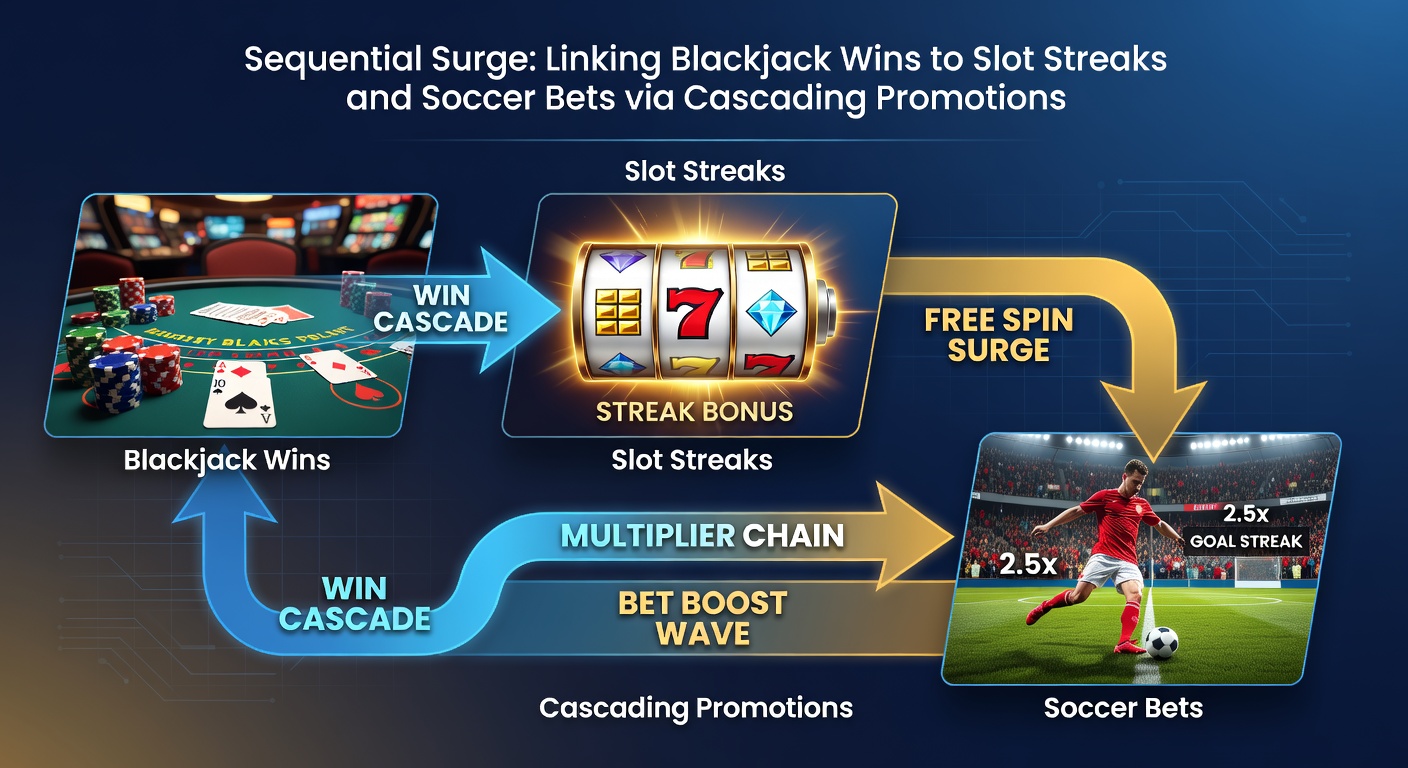 Infographic illustrating a sequential promotion flow from blackjack cards to slot symbols exploding in wins, culminating in soccer ball goals with bonus multipliers