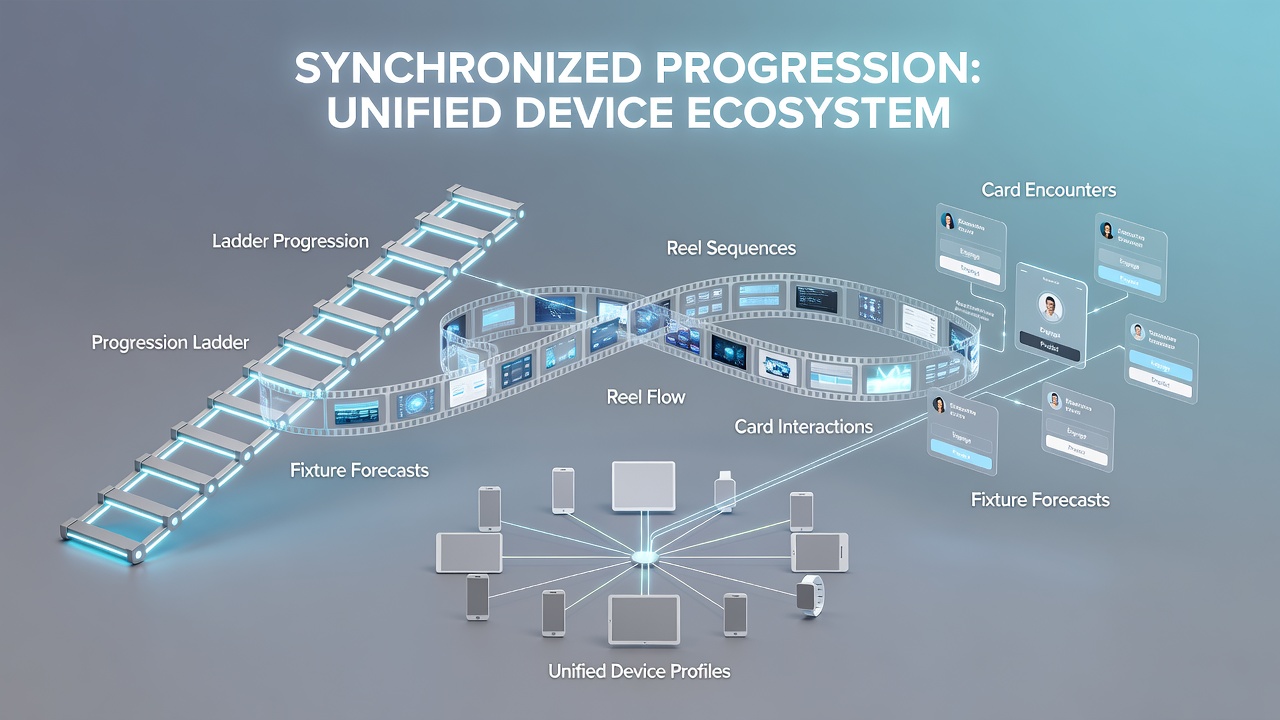 Illustration of synchronized progression ladders connecting slot reels, card games, and sports fixtures through device profiles