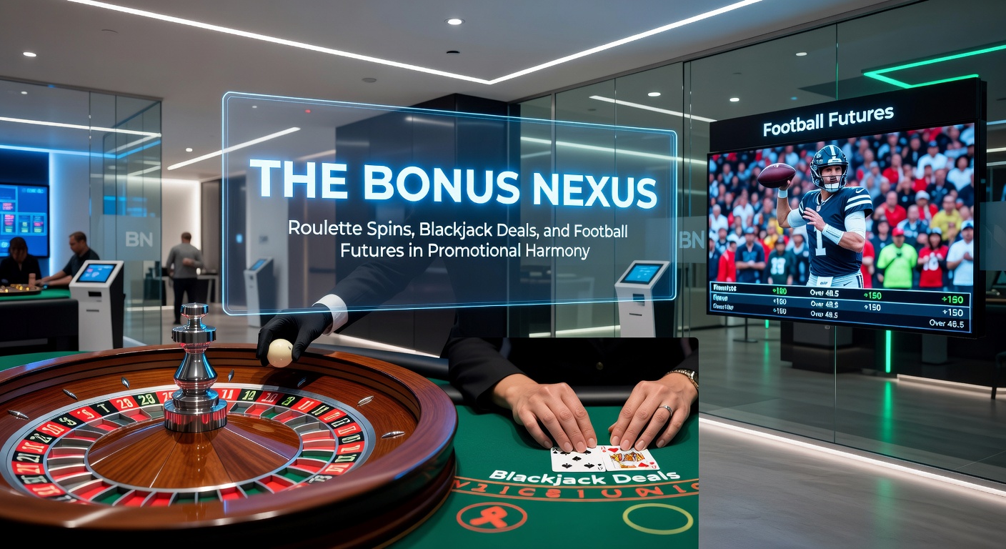Vibrant display of roulette wheel, blackjack table, and football pitch integrated in a bonus promotion graphic, symbolizing promotional interconnectedness