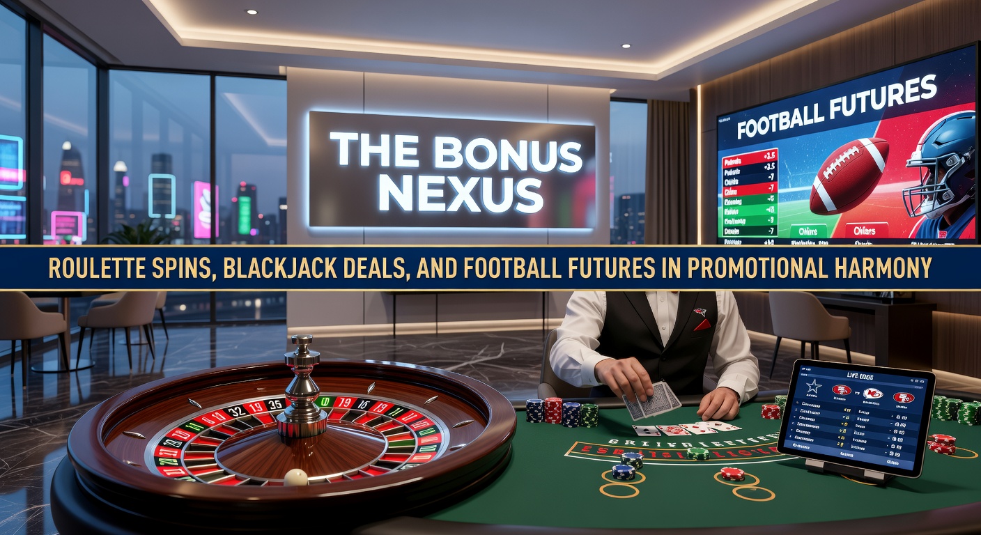 Dynamic infographic illustrating bonus flow from roulette spins to blackjack deals and football futures bets, with glowing nexus connections