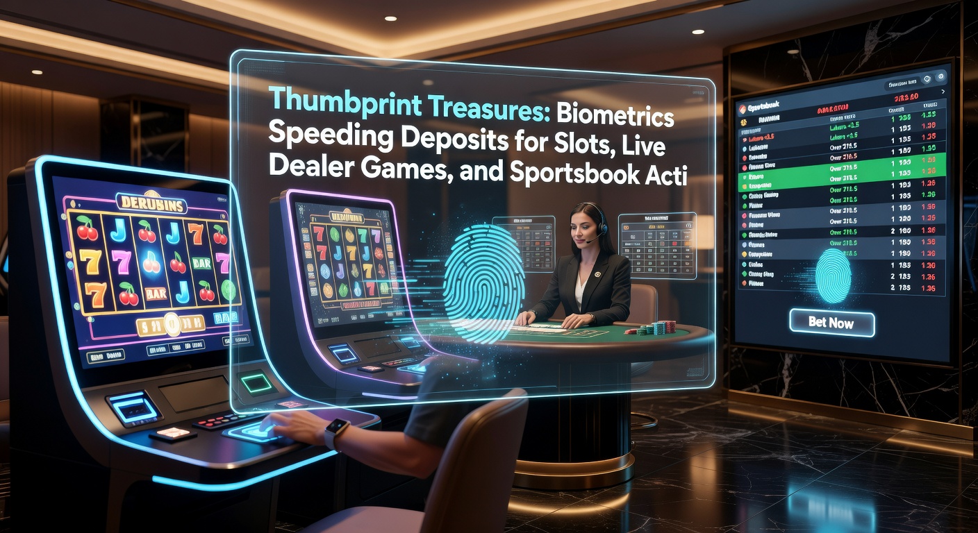 Illustration of a player's hand pressing a thumb on a phone screen, with holographic projections of live dealer cards, slot symbols, and sports betting slips emerging from the device